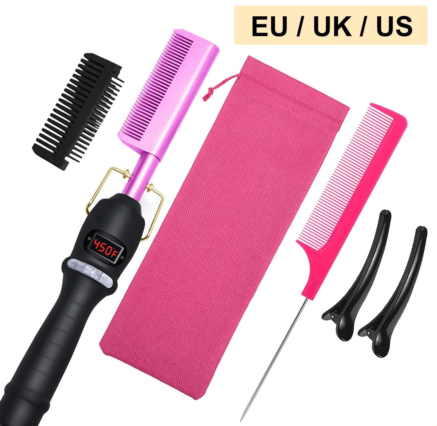  Showlu Fashion Store NewComb-Purple-5pcs / EU Electric Hot Comb Hair Straightener Heating Comb Ceramic LCD Straightener Brush for Wigs American African Hair Styling Tools