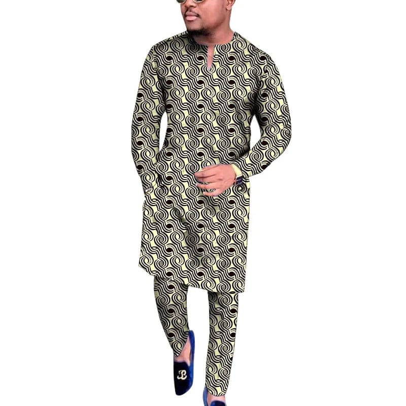 Men’s African wax print V-neck shirt and trousers set, traditional Nigerian wedding party attire by SHOWLU FASHION STORE