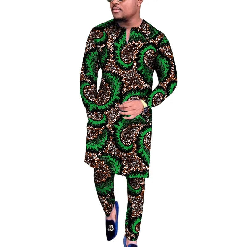 SHOWLU men's African wax print V-neck shirt and trousers traditional set, featuring vibrant patterns for wedding or party wear.