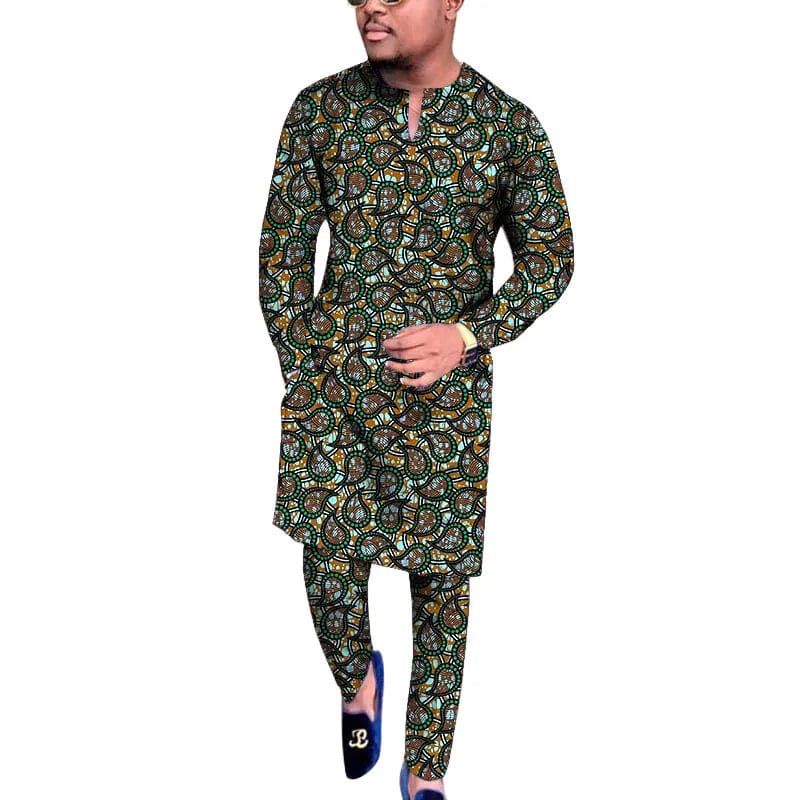 Men's African wax print V-neck shirt and trousers traditional set, SHOWLU FASHION STORE, suitable for weddings and parties