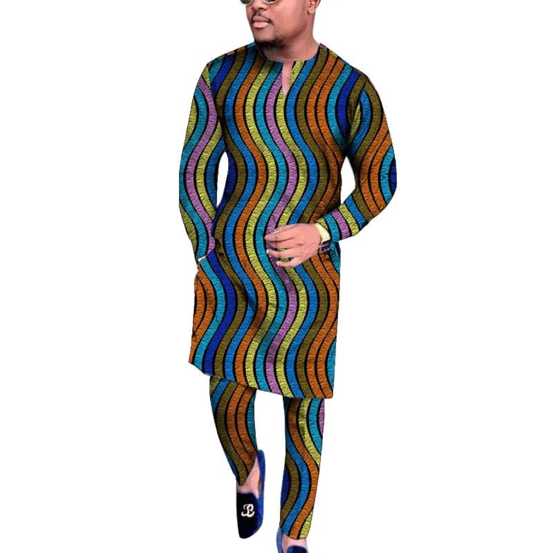 SHOWLU Men's African wax print V-neck shirt and trousers set, traditional Nigerian men's fashion for wedding or party wear.