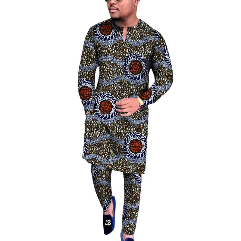 SHOWLU Men's African wax print V-neck shirt and trousers traditional set, vibrant print, suitable for weddings and parties.