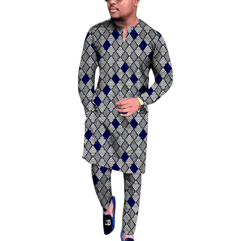 SHOWLU Men's African wax print V-neck shirt with matching trousers, traditional Nigerian attire for weddings and parties.