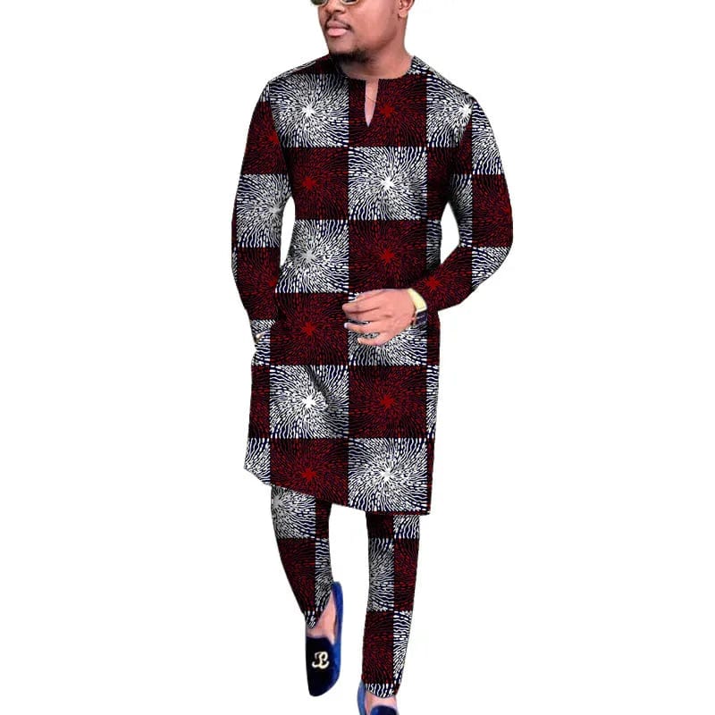 Men's African wax print V-neck shirt and trousers set by SHOWLU FASHION STORE, traditional Nigerian attire for weddings and parties.