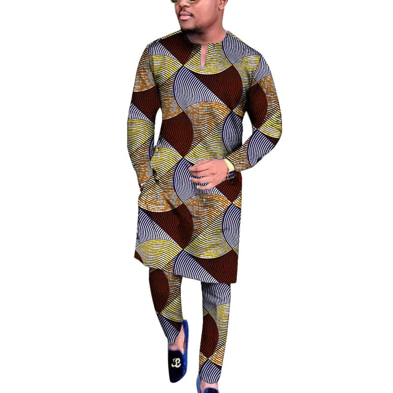 SHOWLU men's African wax print V-neck shirt and trousers traditional set, featuring vibrant patterns for wedding or party wear