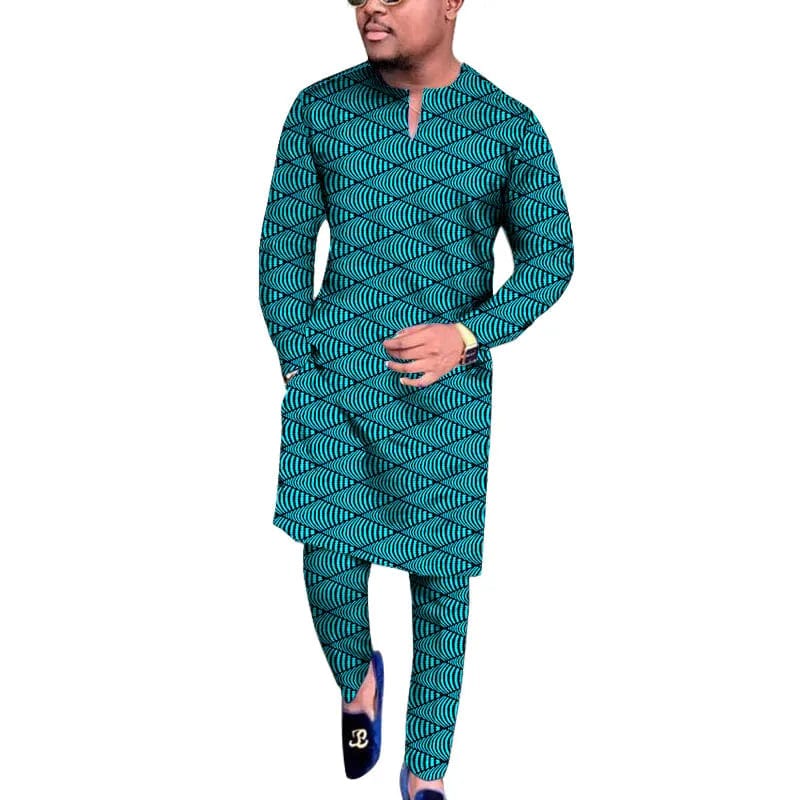 SHOWLU men's African wax print V-neck shirt and trousers traditional set, vibrant print for wedding or party wear