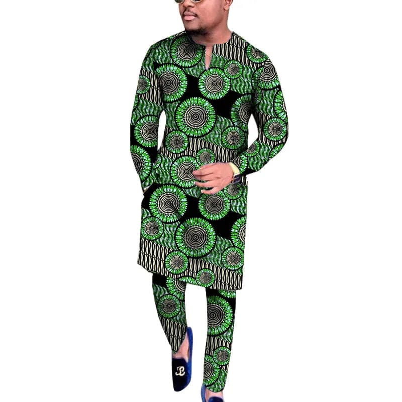 SHOWLU men's African wax print V-neck shirt and trousers traditional set, featuring vibrant print for wedding or party wear.