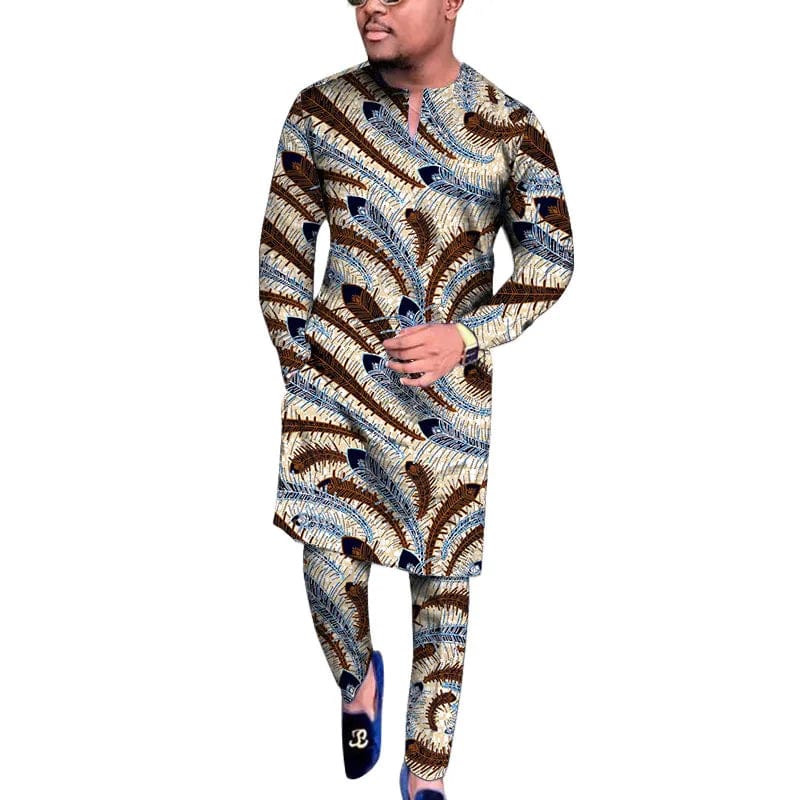 Men's African wax print V-neck shirt and trousers traditional set, SHOWLU FASHION STORE, suitable for wedding and party wear.