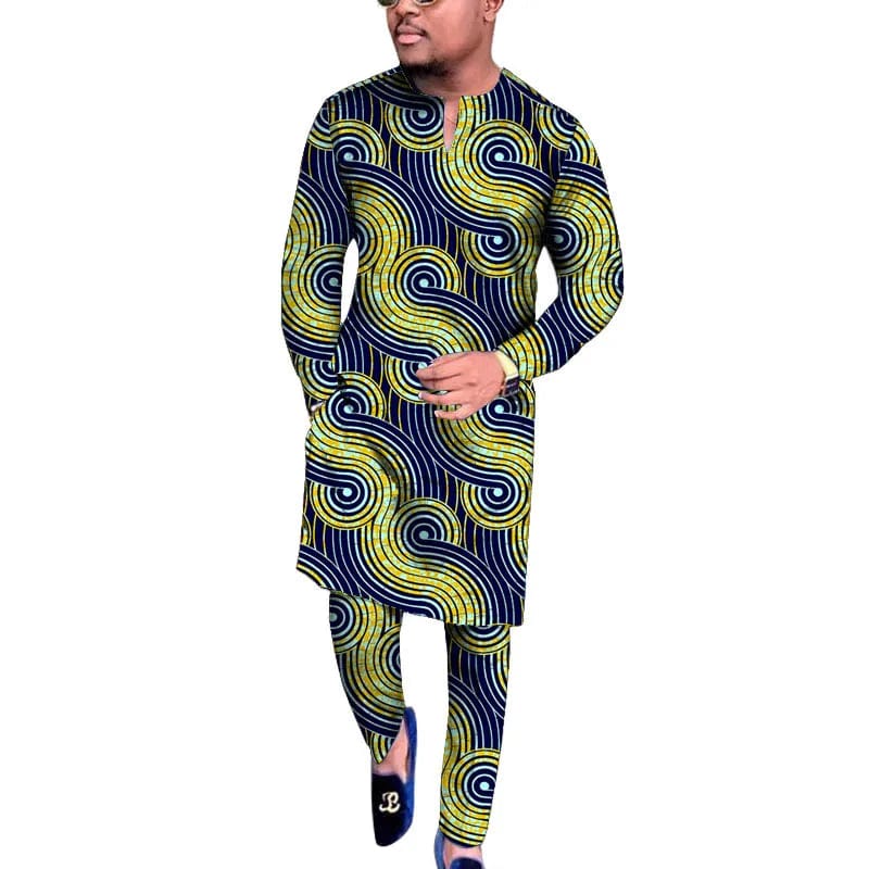 SHOWLU Men's African wax print V-neck shirt and matching trousers, traditional Nigerian wedding and party wear outfit.