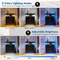 SHOWLU FASHION STORE Nightstands with Wireless Charging Station, Auto Sensor 3 Color Dimmable LED Night Stand, Bedside Table with 3 Drawers