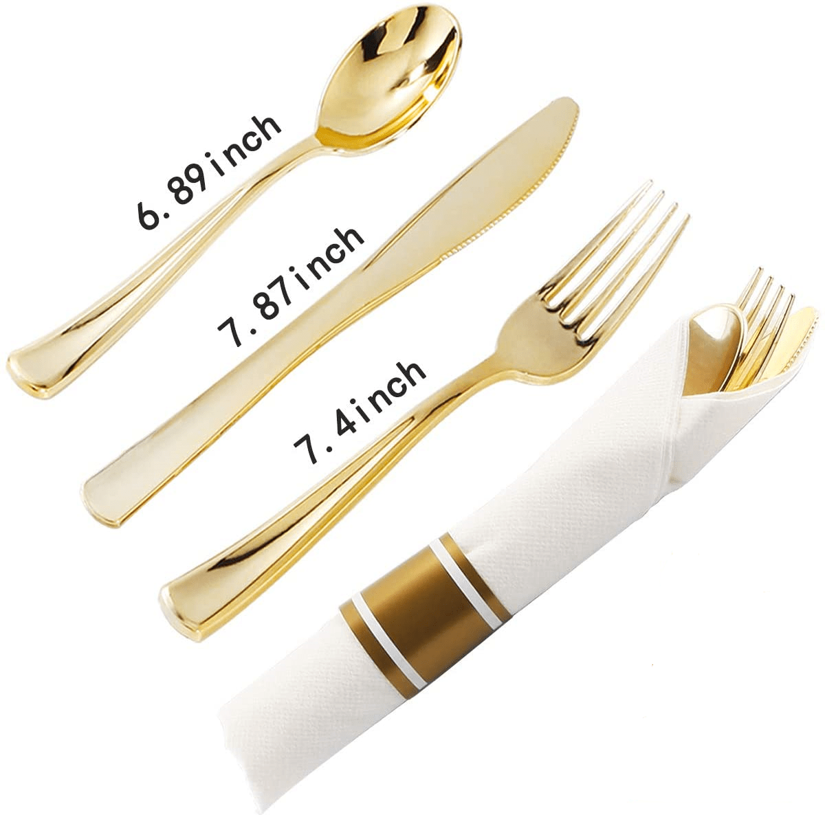 Showlu 25-piece disposable plastic cutlery set with gold knife, fork, spoon, and paper rings for party tableware.