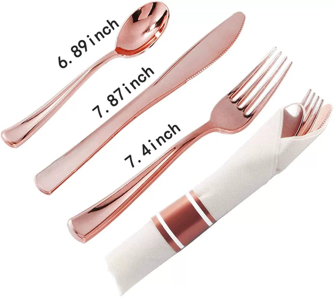 Showlu 25-piece disposable plastic cutlery set with gold knives, forks, spoons, and paper rings for elegant party tableware