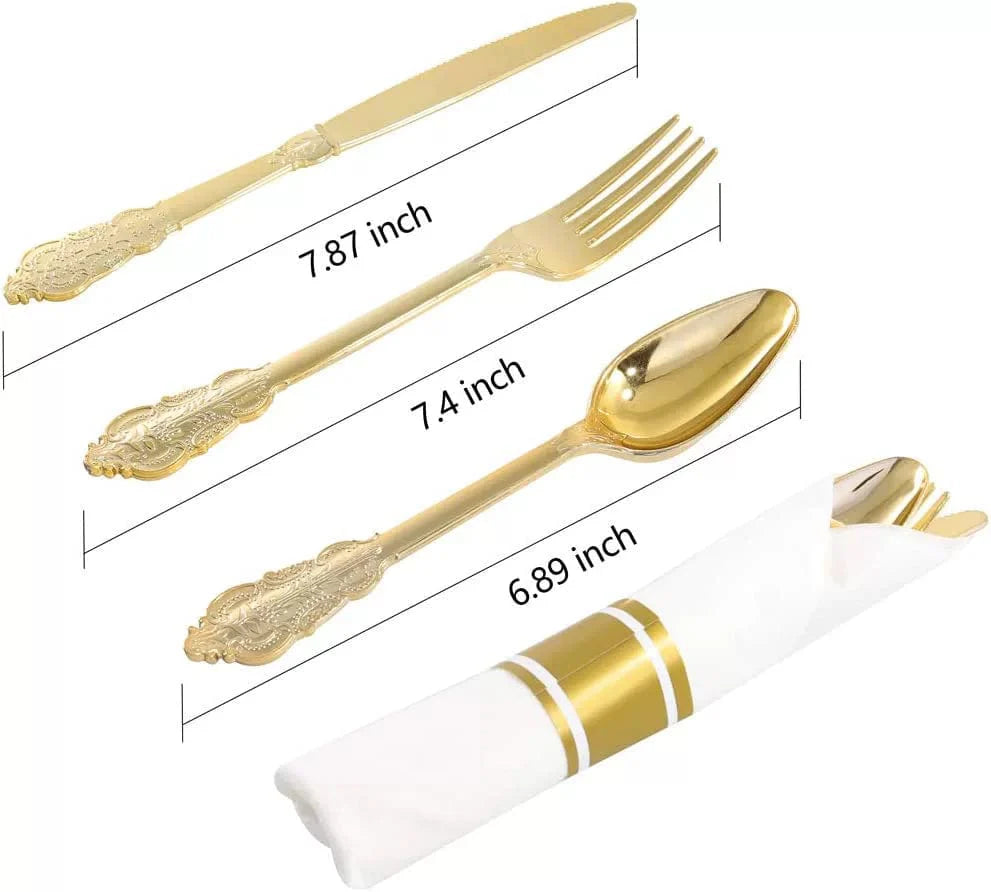 Showlu 25-piece disposable plastic cutlery set with gold knives, forks, spoons, and paper rings for elegant party tableware.