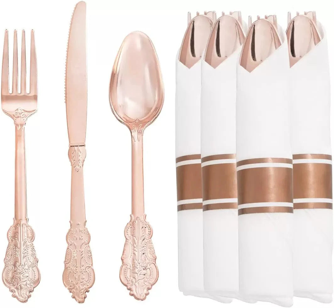 Showlu 25-piece disposable plastic cutlery set with gold knives, forks, and spoons for elegant party tableware.