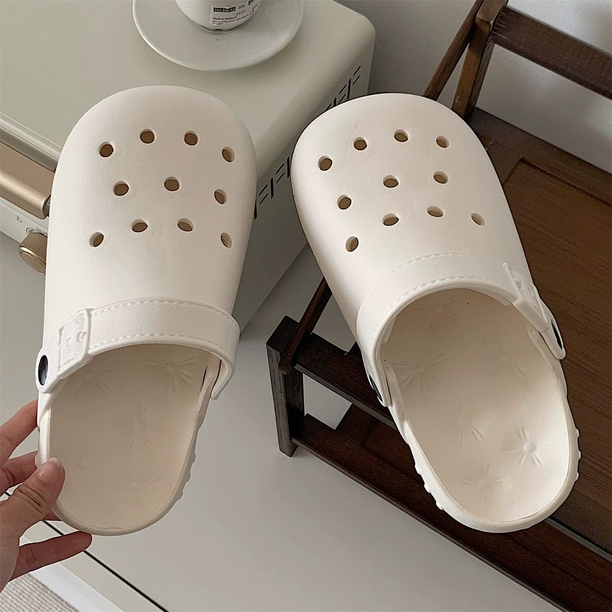  Showlu Fashion Store No flower deduction milk White / 34-35 (inner length about 22cm) Thin Strip Eva Beach Sandals Ins Internet Hot Girlish Student Outdoor Soft Bottom Non Slip Matching Hole Shoes Female Summer