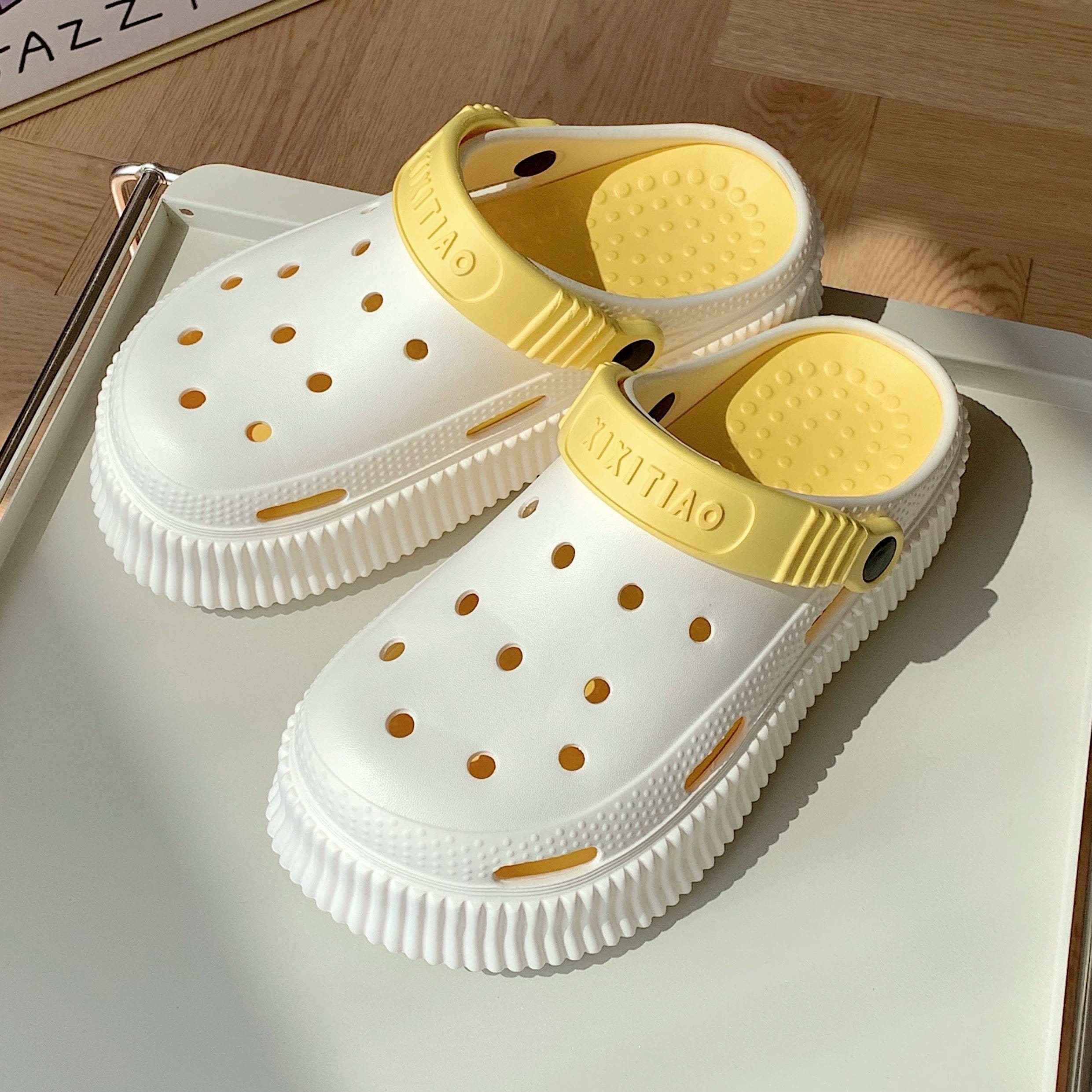  Showlu Fashion Store No flower deduction White + milk yellow / 38-39 Thin Ins Cute Little Monster Hole Shoes Women's Summer Dopamine Color Raise the Bottom Closed Toe Sandals