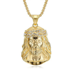  Showlu Fashion Store No zircon Stainless Steel Titanium Hip Hop God Jesus Human Head Luxury Gold Plated Pendant Collar Chains Necklace for Men Women Jewelry