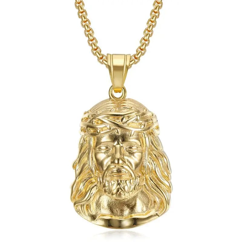  Showlu Fashion Store No zircon Stainless Steel Titanium Hip Hop God Jesus Human Head Luxury Gold Plated Pendant Collar Chains Necklace for Men Women Jewelry