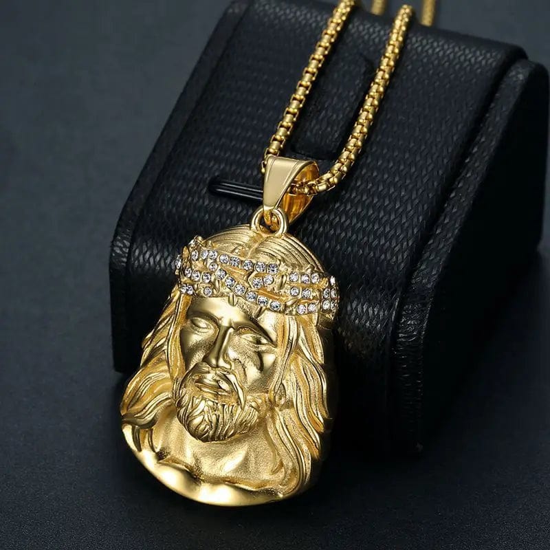  Showlu Fashion Store No zircon Stainless Steel Titanium Hip Hop God Jesus Human Head Luxury Gold Plated Pendant Collar Chains Necklace for Men Women Jewelry