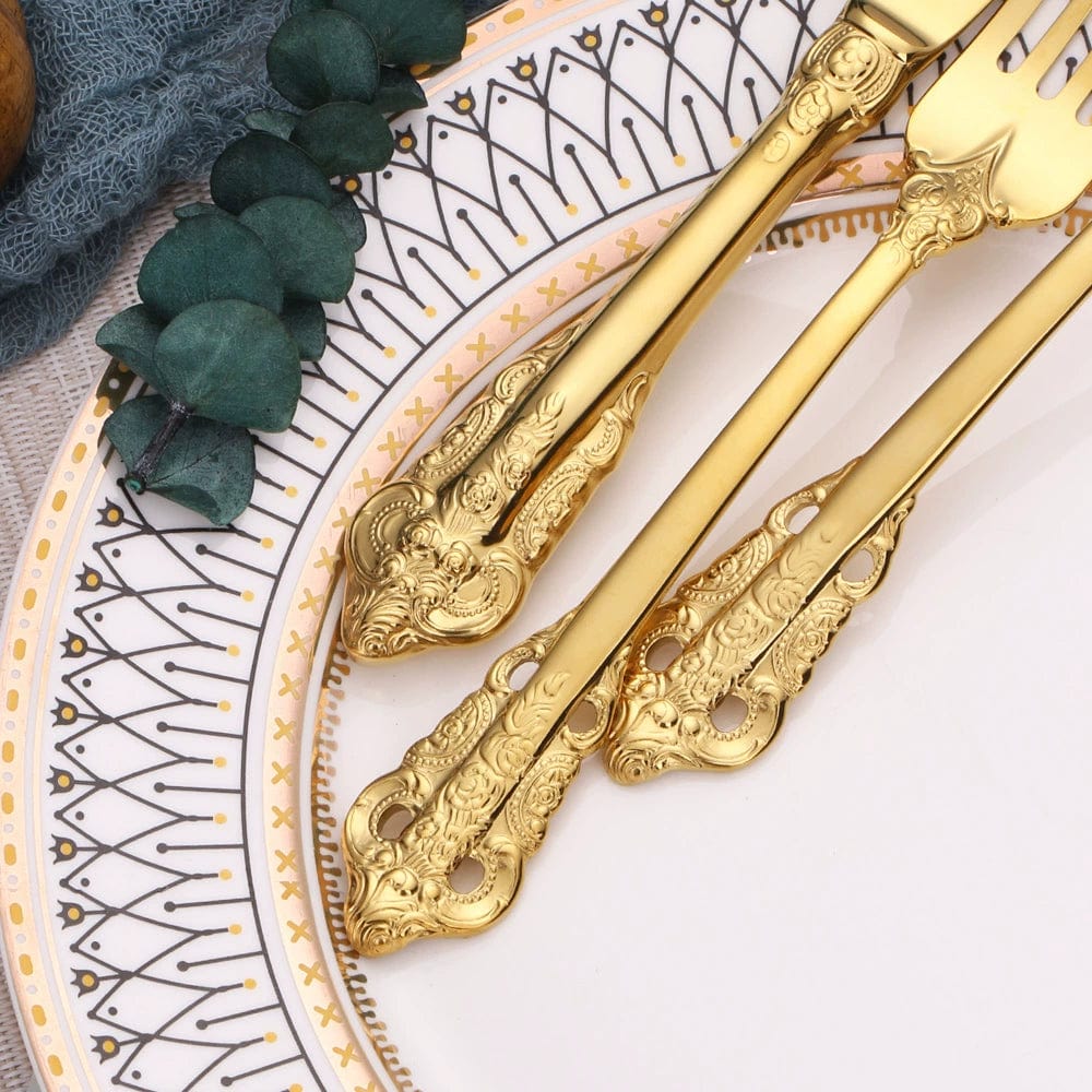 Showlu Nordic Relief Golden stainless steel Western tableware set with knife, fork, and spoon for household use.