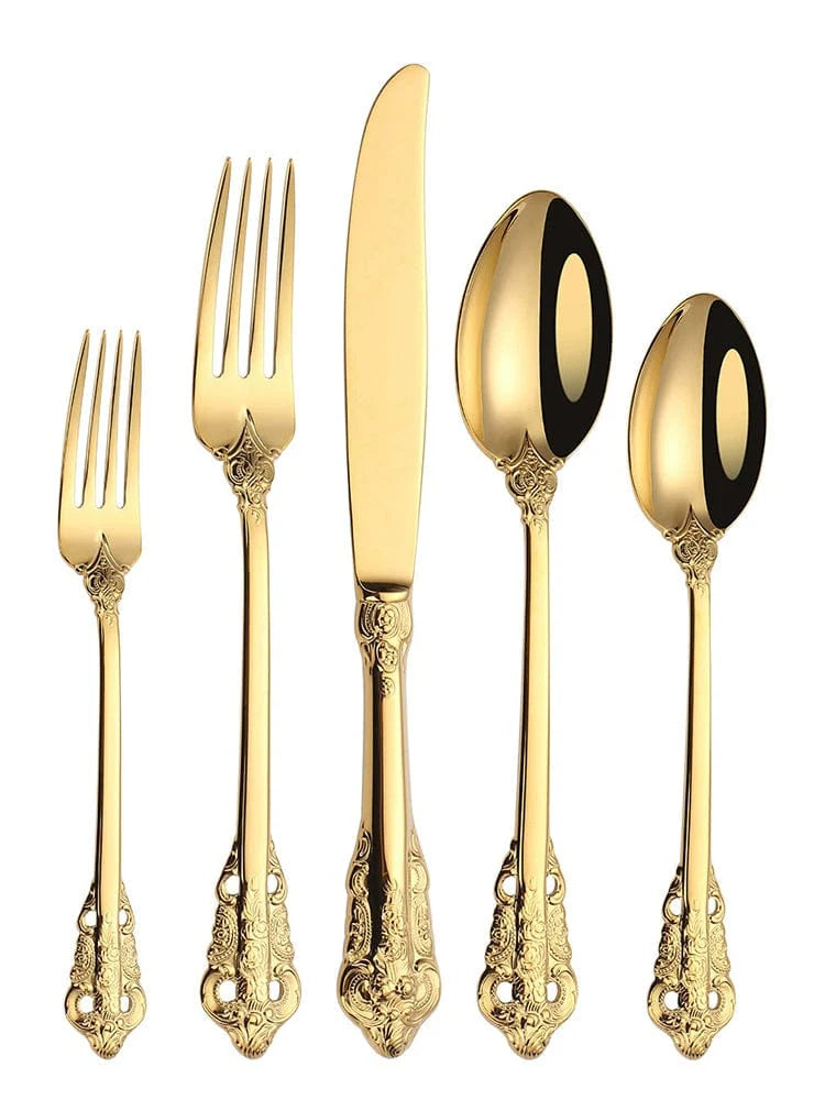 Nordic Relief Golden stainless steel Western tableware set with knife, fork, and spoon, featuring a sleek, modern design.