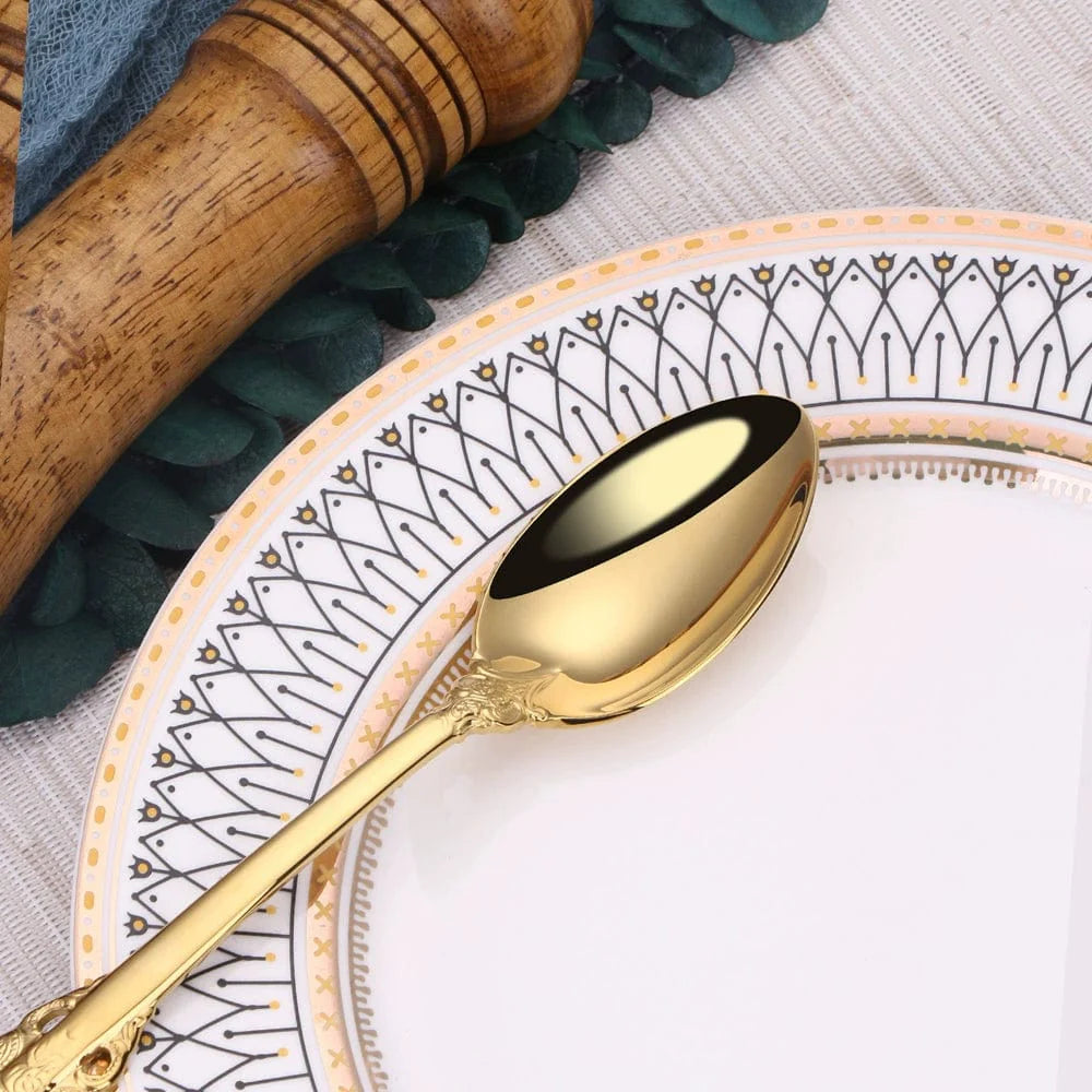 Nordic Relief Golden stainless steel western tableware set with knife, fork, and spoon for household dining.
