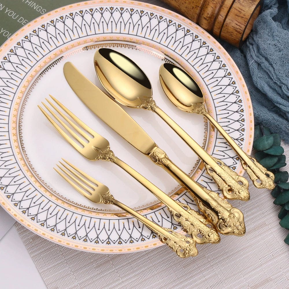 Nordic Relief Golden stainless steel Western tableware set with knife, fork, and spoon for household dining.