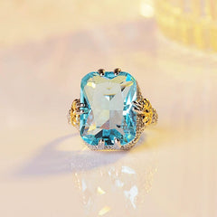  Showlu Fashion Store Ocean Blue Princess Women's European and American-Style Gold Flower Ring