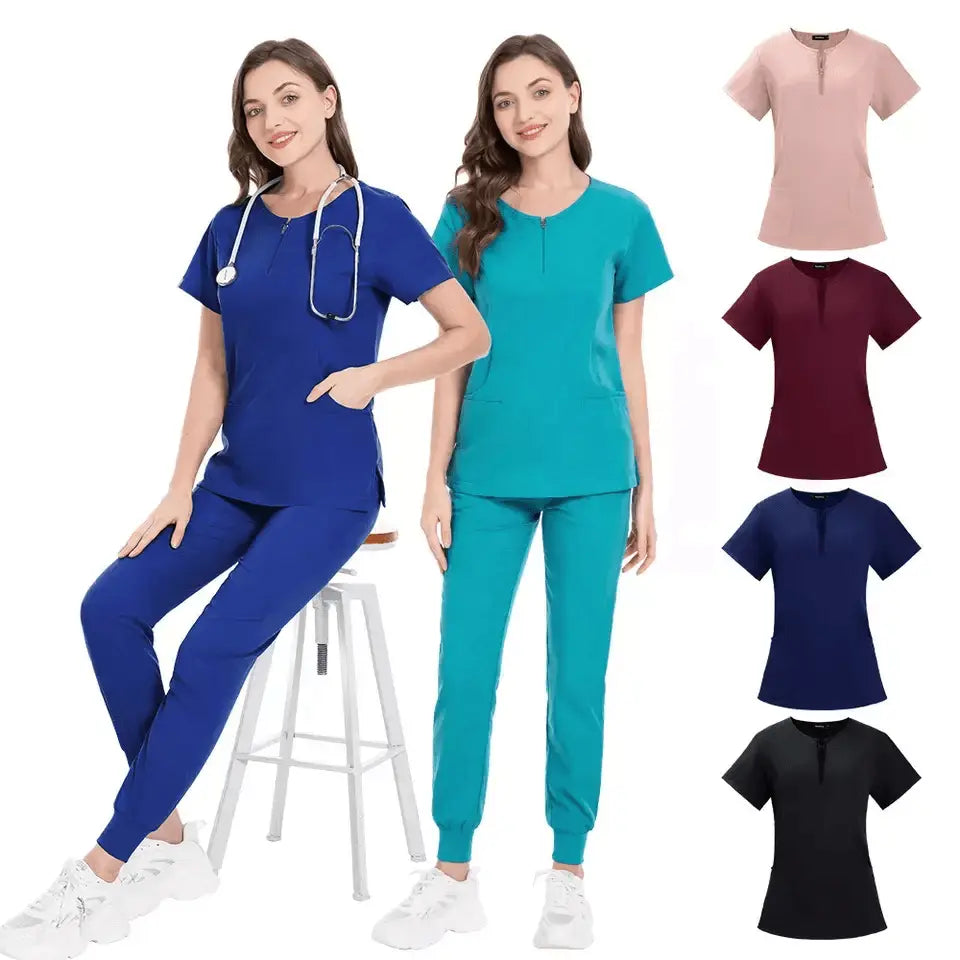 Women's medical scrub set by Showlu Fashion, short sleeve hospital nurse uniform with tops and pants, ideal for healthcare professionals.