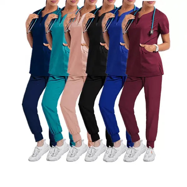 Showlu Fashion Women's Medical Scrub Set with short sleeves, including top and pants, designed for nurses and healthcare professionals.