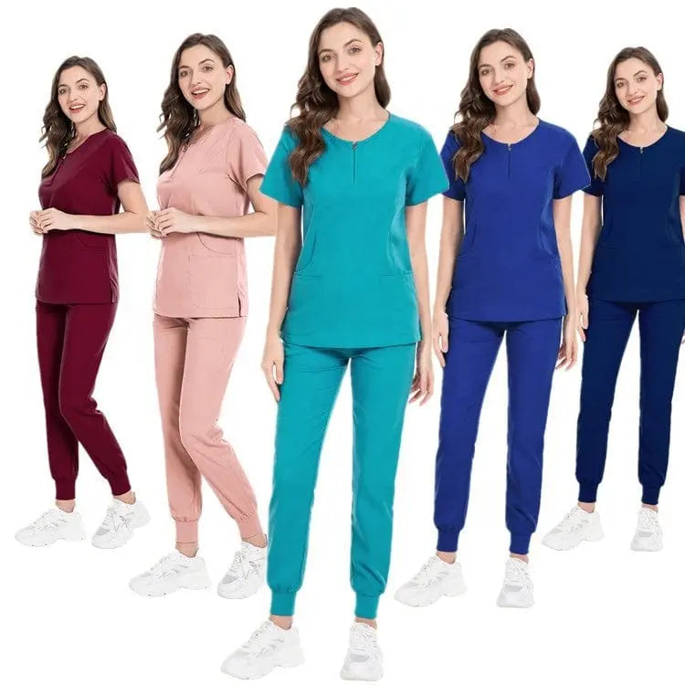 Showlu Fashion Women's Medical Scrub Set with short sleeves, hospital nurse uniform, consisting of tops and pants for healthcare professionals.