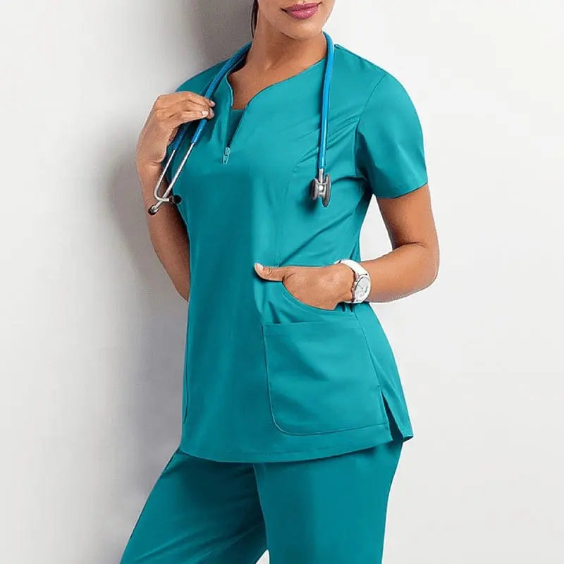 Showlu Fashion Women's medical scrub set featuring short sleeve hospital nurse uniform with top and pants for healthcare professionals.