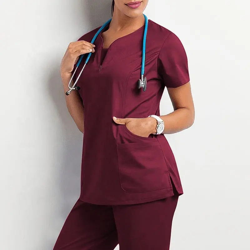 Women's medical scrub set with short sleeves, including scrub top and pants, ideal for nurses and healthcare professionals.