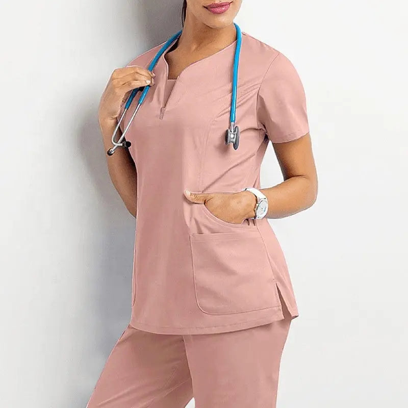 Showlu Fashion women's medical scrub set with short sleeve tops and pants, ideal for nurses and healthcare professionals.