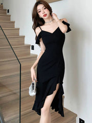  Showlu Fashion Store Off-the-Shoulder Fashion Sexy Wavy Side Slit V-neck Strap