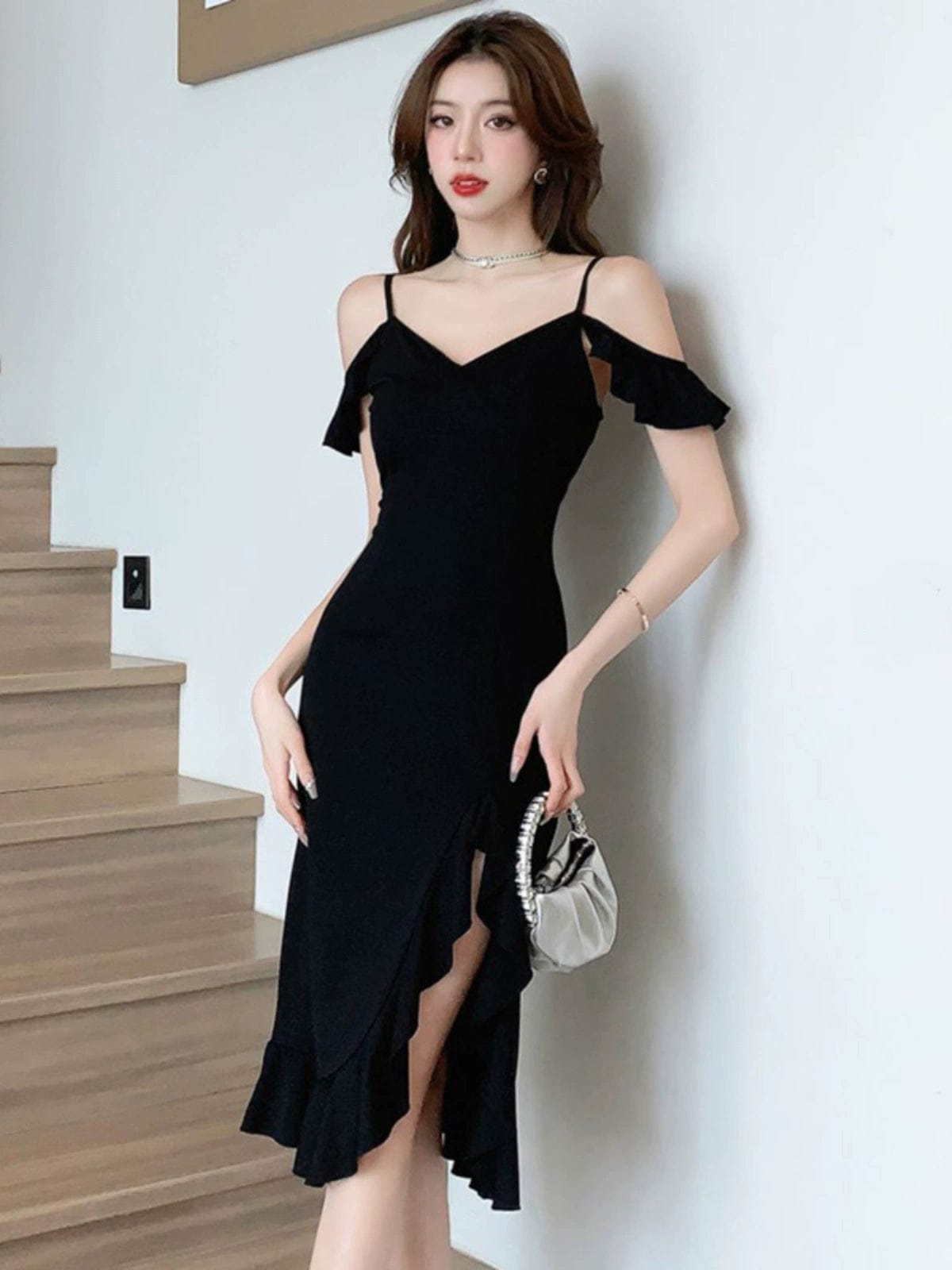  Showlu Fashion Store Off-the-Shoulder Fashion Sexy Wavy Side Slit V-neck Strap