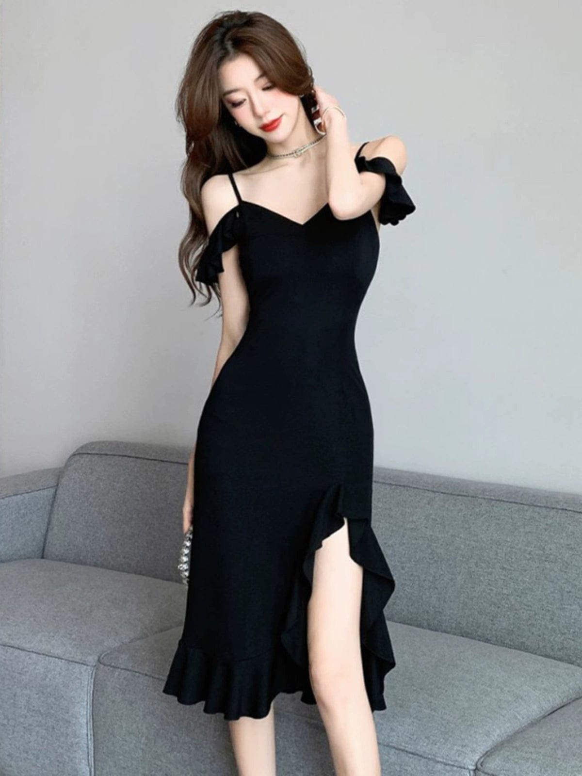  Showlu Fashion Store Off-the-Shoulder Fashion Sexy Wavy Side Slit V-neck Strap