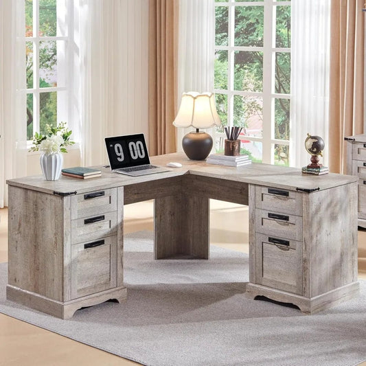 SHOWLU FASHION STORE Office Furniture Desk Sets , 60Farmhouse L Shaped Executive Desk With Drawers Wood Home Office Cornenr Desk With Charging Statio