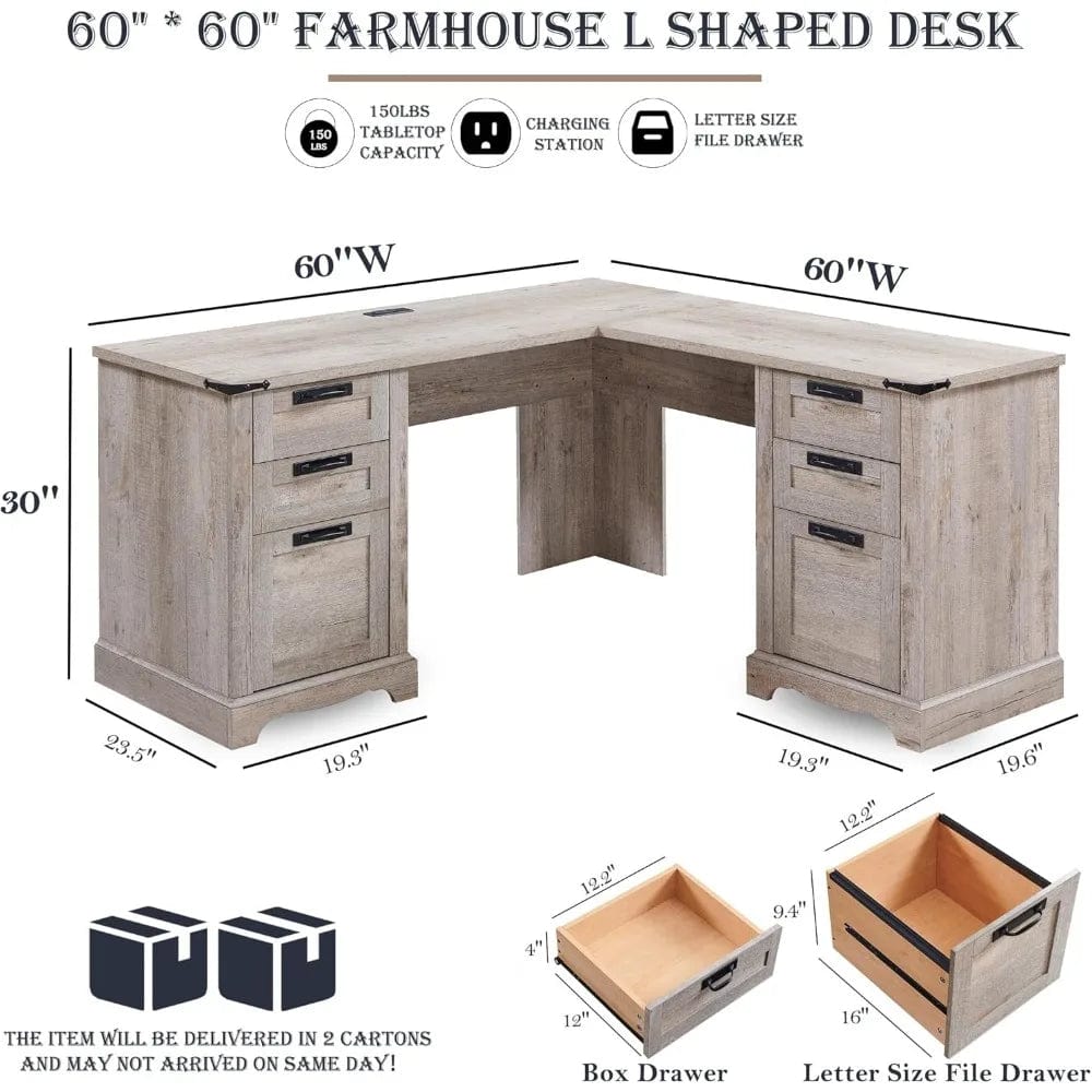 SHOWLU FASHION STORE Office Furniture Desk Sets , 60Farmhouse L Shaped Executive Desk With Drawers Wood Home Office Cornenr Desk With Charging Statio