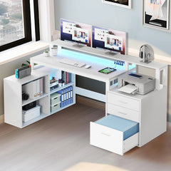 SHOWLU FASHION STORE Office Furniture Desk Sets ,65" L Shaped Desk With Power Outlets And Monitor Stand , Computer Desk With LED Light &File Cabinet