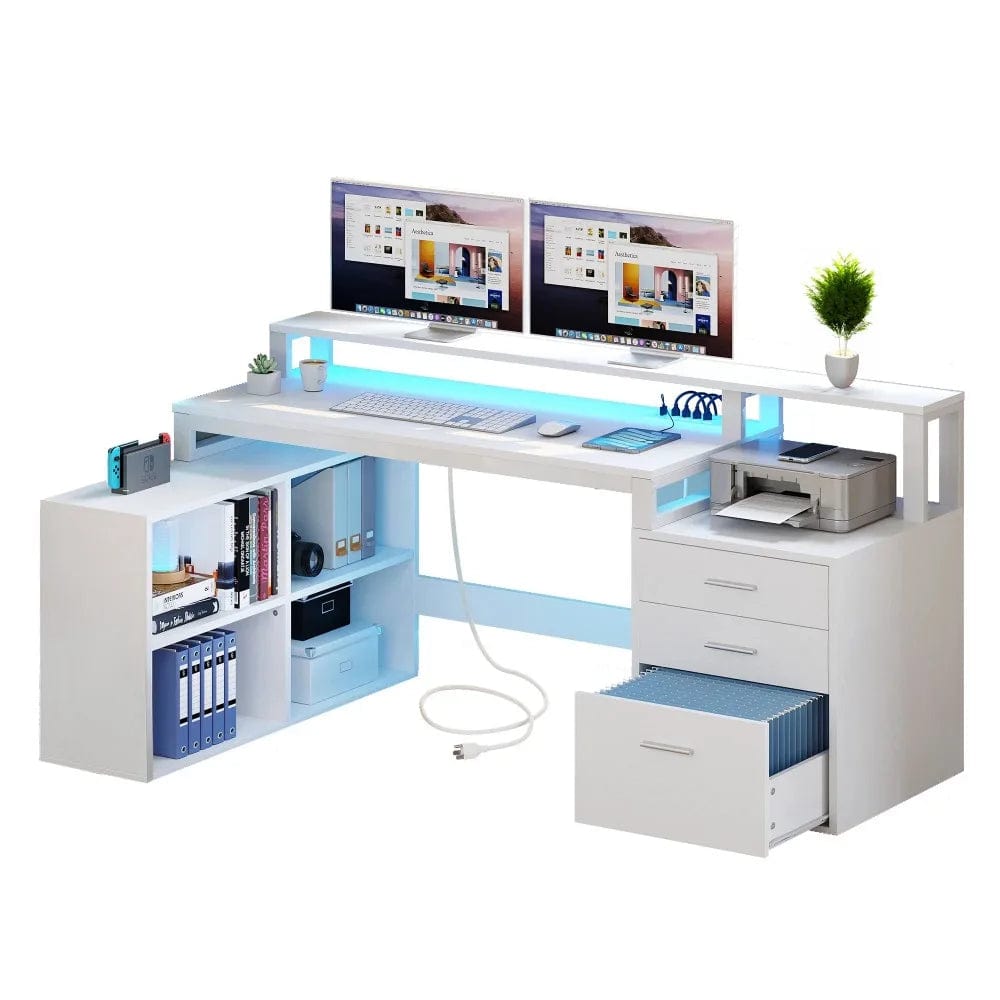 SHOWLU FASHION STORE Office Furniture Desk Sets ,65" L Shaped Desk With Power Outlets And Monitor Stand , Computer Desk With LED Light &File Cabinet