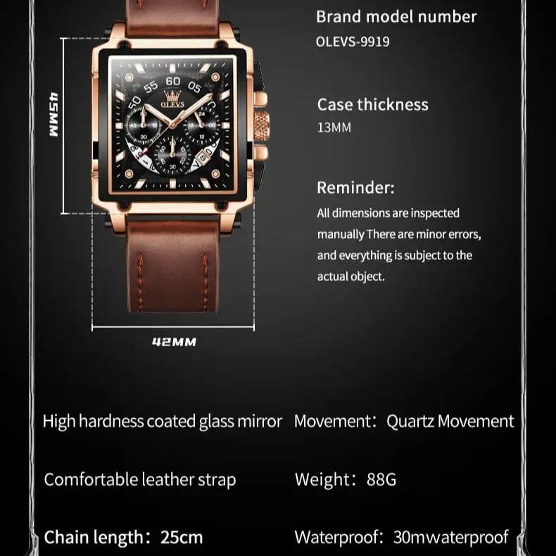 SHOWLU FASHION STORE OLEVS 9919 Men's Watches Brown Leather Strap Waterproof Chronograph Date High Quality Quartz Watch for Men 45mm Big Dial