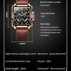 SHOWLU FASHION STORE OLEVS 9919 Men's Watches Brown Leather Strap Waterproof Chronograph Date High Quality Quartz Watch for Men 45mm Big Dial