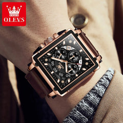 SHOWLU FASHION STORE OLEVS 9919 Men's Watches Brown Leather Strap Waterproof Chronograph Date High Quality Quartz Watch for Men 45mm Big Dial