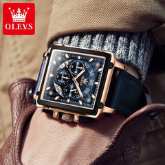 SHOWLU FASHION STORE OLEVS 9919 Quartz Watch for Men Chronograph Multifunctional Wristwatch Leather strap Square Big Dial Leisure Sports Mens Watches