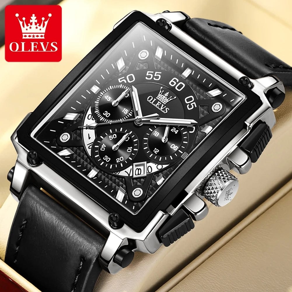 SHOWLU FASHION STORE OLEVS 9919 Quartz Watch for Men Chronograph Multifunctional Wristwatch Leather strap Square Big Dial Leisure Sports Mens Watches