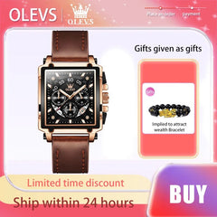 SHOWLU FASHION STORE OLEVS Original Business Men's Watches Leather Strap Multifunctional Quartz Watch Rectangular Dial Brand Trend Male Wristwatch