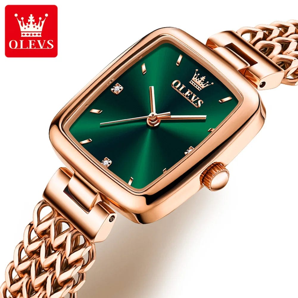 SHOWLU FASHION STORE OLEVS Quartz Watch for Women Elegant Rose Gold Stainless Steel Square Watch Original Ladies Wristwatches Jewelry Set Gift Luxury