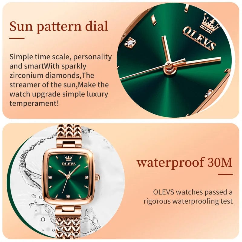 SHOWLU FASHION STORE OLEVS Quartz Watch for Women Elegant Rose Gold Stainless Steel Square Watch Original Ladies Wristwatches Jewelry Set Gift Luxury