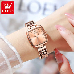 SHOWLU FASHION STORE OLEVS Quartz Watch for Women Elegant Rose Gold Stainless Steel Square Watch Original Ladies Wristwatches Jewelry Set Gift Luxury